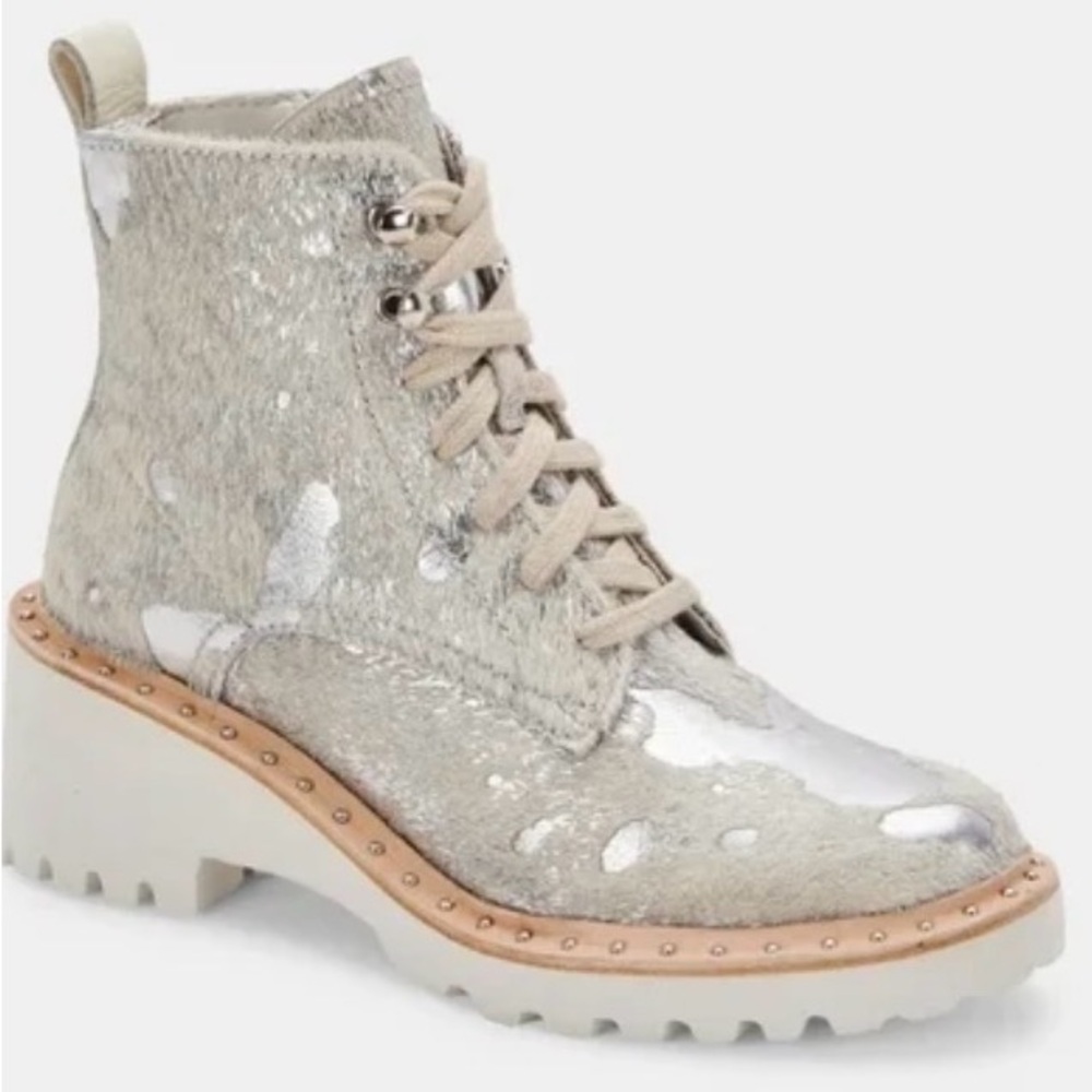 Dolce Vita Hinto Ankle Boot in Silver Metallic Calf Hair.